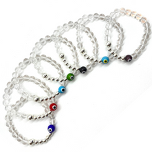 Load image into Gallery viewer, Glass Evil Eye with Clear Quartz and Silver Hematite Beads
