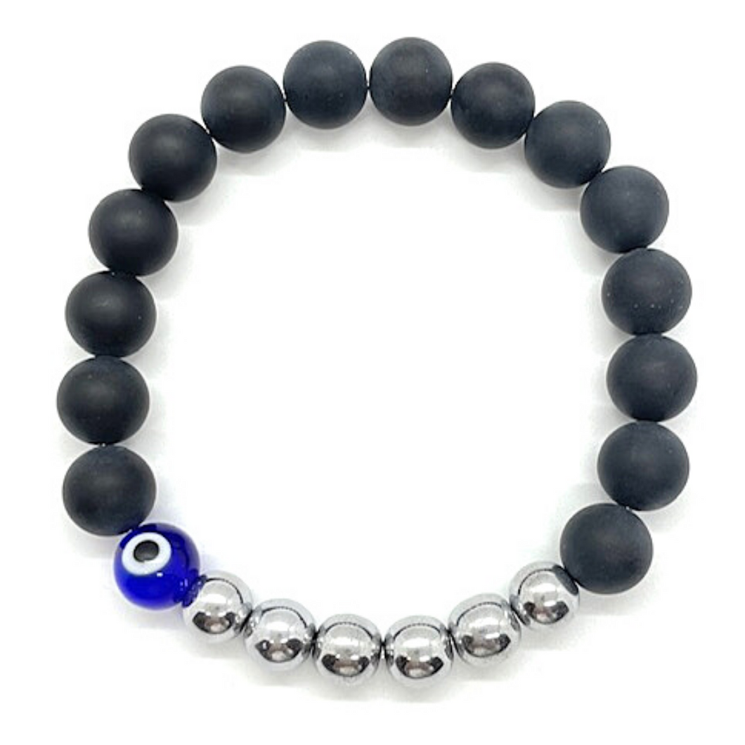 Mens Evil Eye protection bracelet with Matte Black Onyx gemstone beads