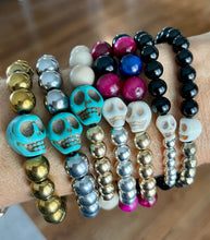 Load image into Gallery viewer, Day of the Dead Tiger&#39;s Eye Howlite Skull bracelet