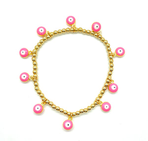 Gold Hematite Hanging Pink Evil Eye Bracelet