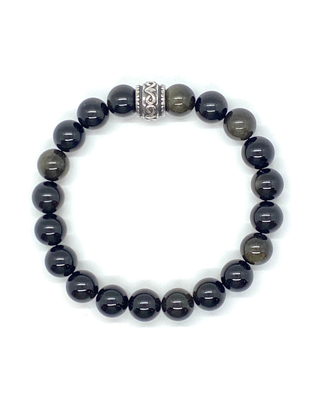 Silver Obsidian Gemstone bracelet with Stainless Steel Accent