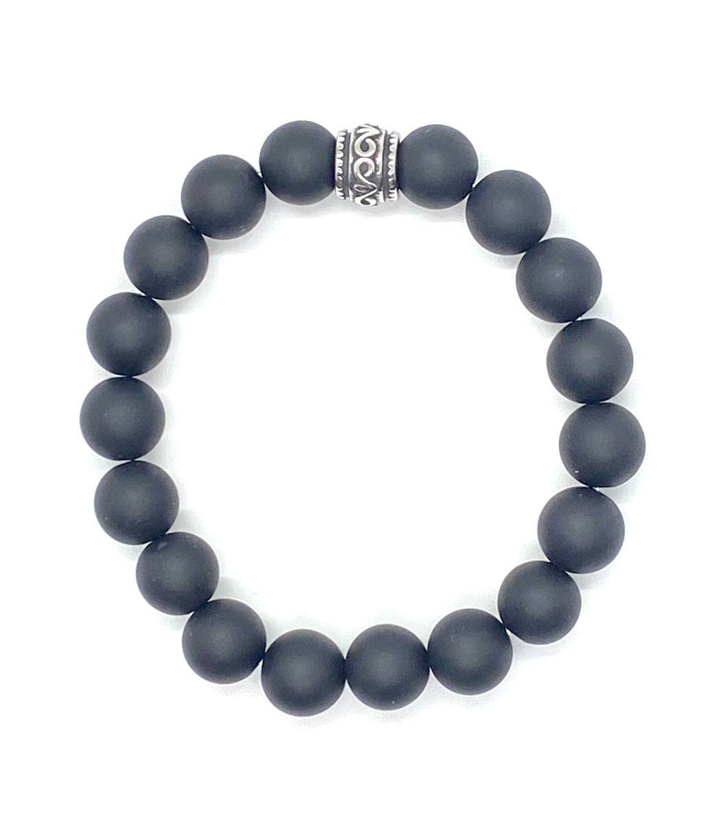 Matte Black 12 mm Onyx Gemstone bracelet with Stainless Steel Accent