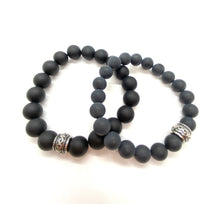 Load image into Gallery viewer, Matte Black 12 mm Onyx Gemstone bracelet with Stainless Steel Accent