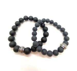 Matte Black 12 mm Onyx Gemstone bracelet with Stainless Steel Accent