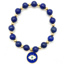 Load image into Gallery viewer, Lapis Lazuli with Gold Hematite &amp; Blue Evil Eye Charm