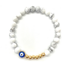 Load image into Gallery viewer, 6mm White Howlite and Gold Hematite Evil Eye