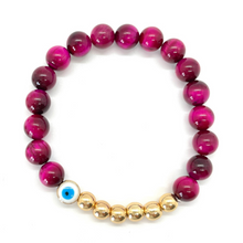 Load image into Gallery viewer, 8mm Pink Tigers Eye and Gold Hematite Evil Eye