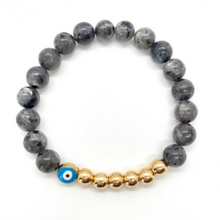 Load image into Gallery viewer, 8mm Larvikite and Gold Hematite Evil Eye