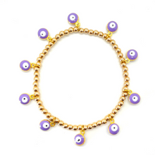 Load image into Gallery viewer, Gold Hematite Hanging Purple Evil Eye Bracelet
