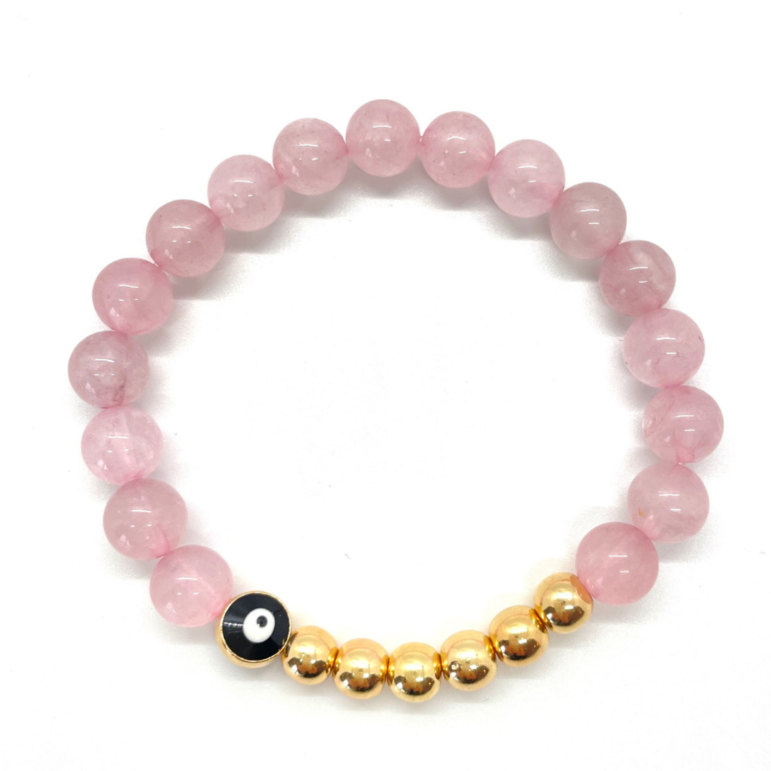 Evil Eye Bracelet, Pave Evil Eye, Pink Evil Eye, Evil Eye Charm, Evil Eye Jewelry, Protection Bracelet, Gold high quality Evil Eye, Rose Quartz Bracelet