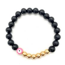 Load image into Gallery viewer, 8mm Black Onyx and Gold Hematite Evil Eye
