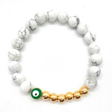 Load image into Gallery viewer, 8mm White Howlite and Gold Hematite Evil Eye